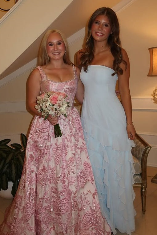 Fashion Blue Strapless Chiffon A-Line Tiered Party Prom Dress