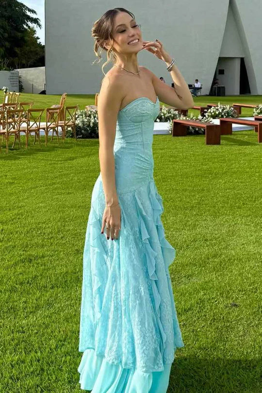 Fashion Lace A-Line Strapless Chiffon Ruffle Summer Holiday Dress