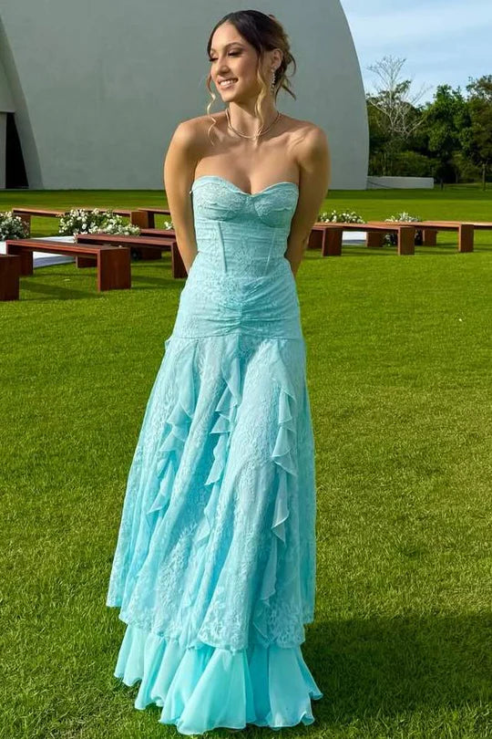 Fashion Lace A-Line Strapless Chiffon Ruffle Summer Holiday Dress