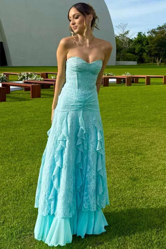 Fashion Lace A-Line Strapless Chiffon Ruffle Summer Holiday Dress