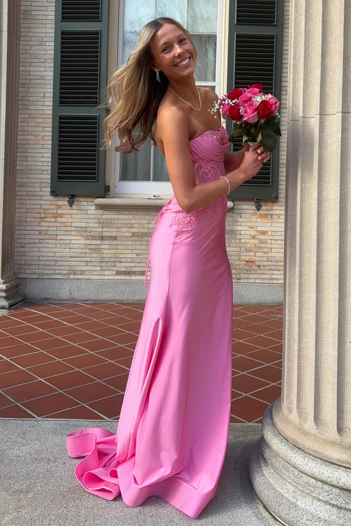 Fashion Lace Strapless Mermaid Satin Party Prom Dress With Train