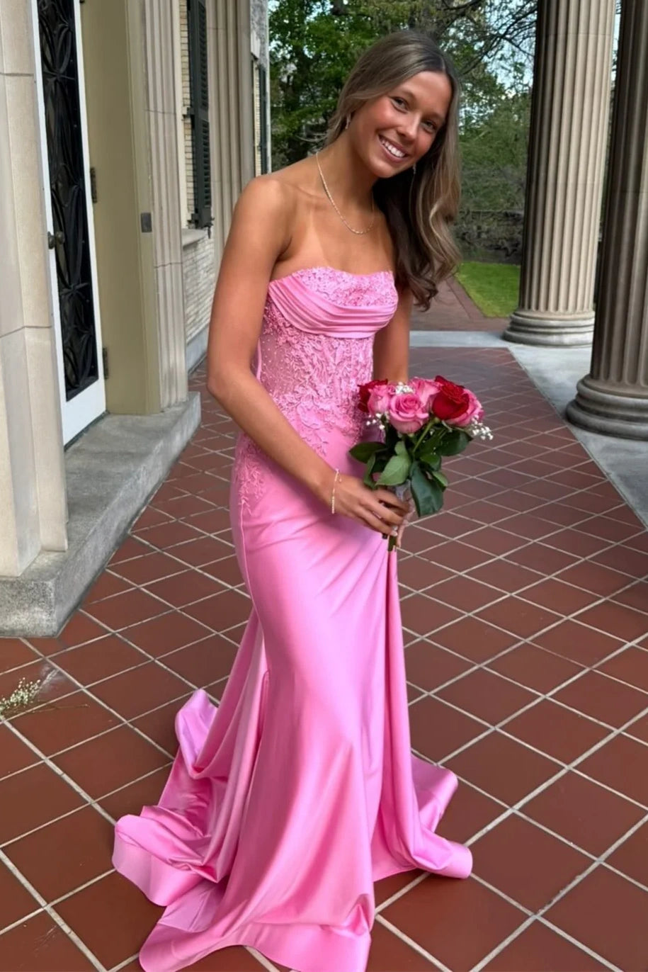 Fashion Lace Strapless Mermaid Satin Party Prom Dress With Train