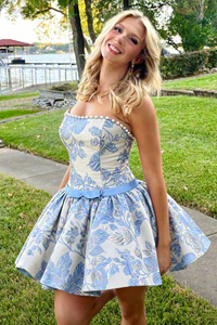Fashion Pearl Strapless Floral Print Satin A-Line Homecoming Dress