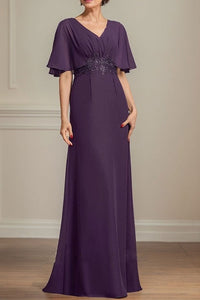 Fashion Purple Chiffon A-Line V-Neck Appliques Mother Of The Bride Dress