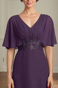 Fashion Purple Chiffon A-Line V-Neck Appliques Mother Of The Bride Dress