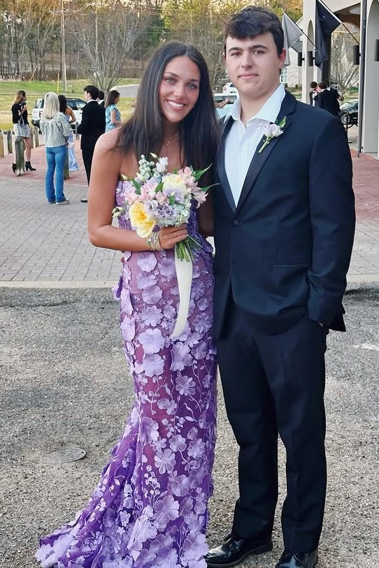 Fashion Purple Lace Floral Strapless Mermaid Party Prom Dress