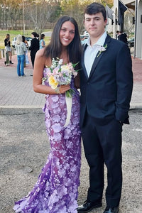 Fashion Purple Lace Floral Strapless Mermaid Party Prom Dress