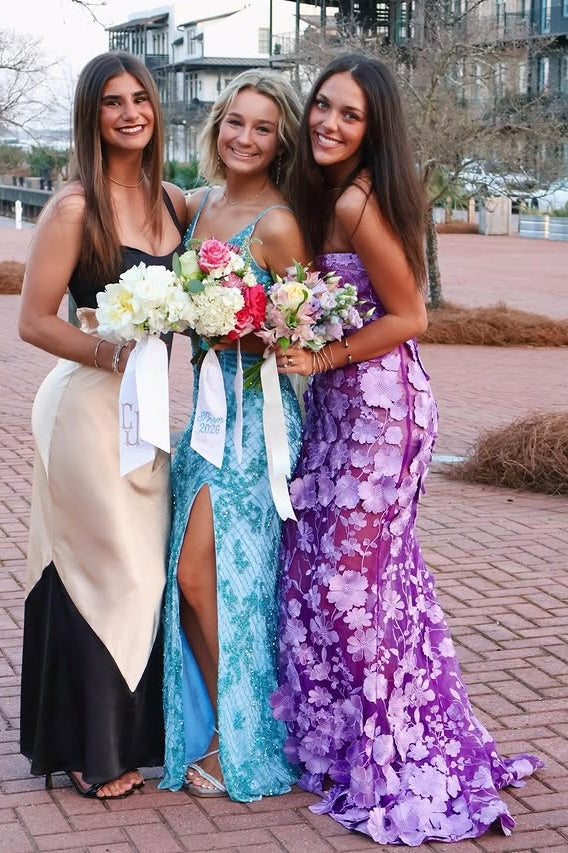 Fashion Purple Lace Floral Strapless Mermaid Party Prom Dress