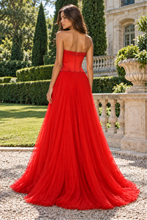 Fashion Red A-Line Strapless Two Tone Beaded Party Prom Dress