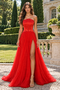 Fashion Red A-Line Strapless Two Tone Beaded Party Prom Dress