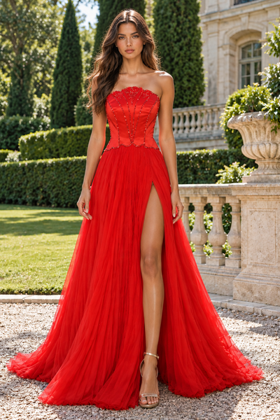 Fashion Red A-Line Strapless Two Tone Beaded Party Prom Dress