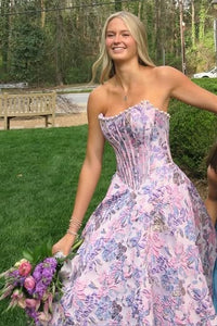 Fashion Satin A-Line Boat Strapless Floral Formal Party Prom Dress 