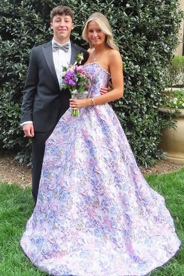 Fashion Satin A-Line Boat Strapless Floral Formal Party Prom Dress 