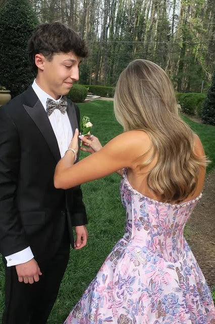 Fashion Satin A-Line Boat Strapless Floral Formal Party Prom Dress 