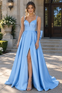Fashion Satin A-Line Empire Beaded Straps Party Prom Dress With Bow