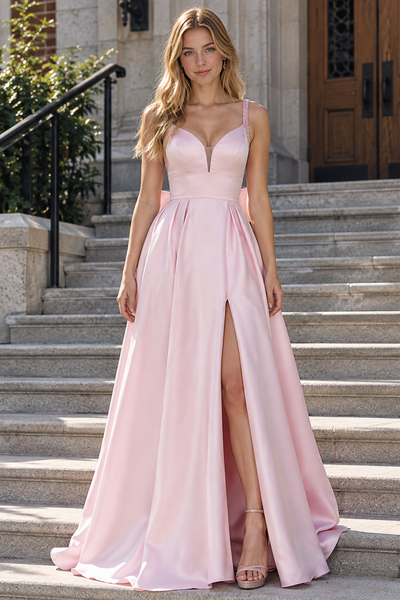 Fashion Satin A-Line Empire Beaded Straps Party Prom Dress With Bow