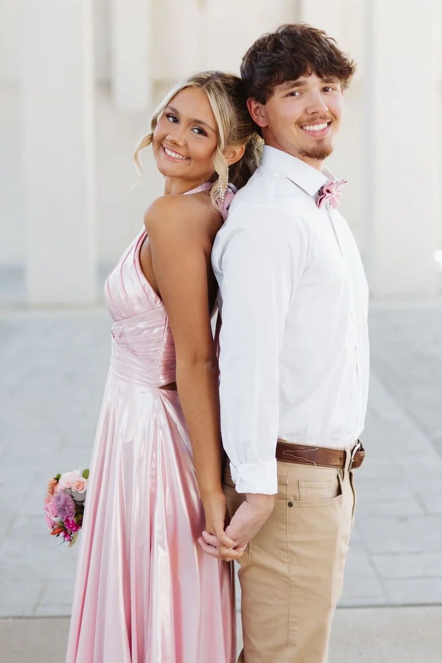 Fashion Satin A-Line Halter Sleeveless High Waist Party Prom Dress