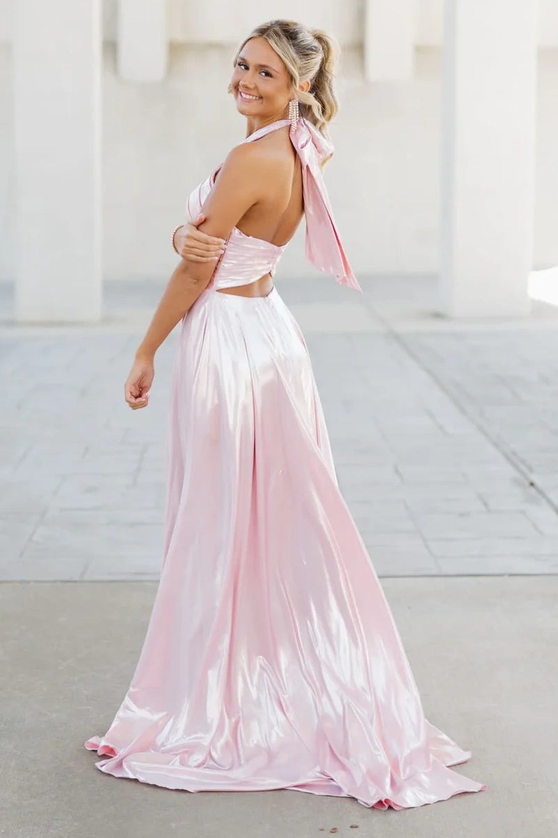 Fashion Satin A-Line Halter Sleeveless High Waist Party Prom Dress