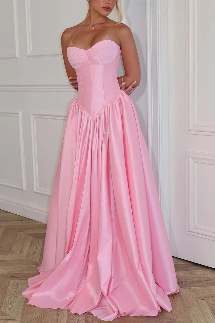 Fashion Satin A-Line Sweetheart Sleeveless Pleated Party Prom Dress