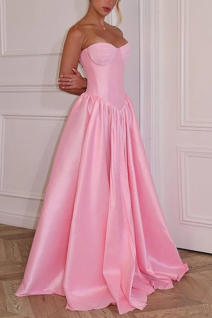 Fashion Satin A-Line Sweetheart Sleeveless Pleated Party Prom Dress