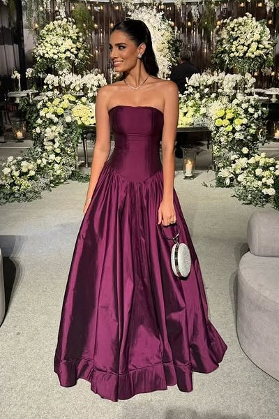 Fashion Satin Strapless Maxi A-Line Party Prom Dress