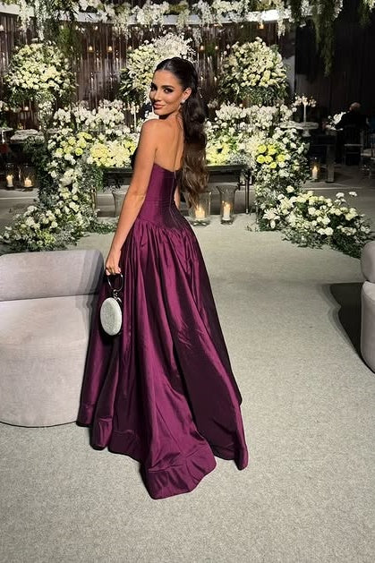 Fashion Satin Strapless Maxi A-Line Party Prom Dress