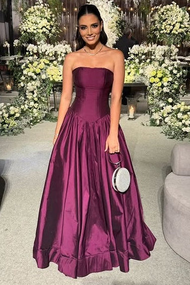 Fashion Satin Strapless Maxi A-Line Party Prom Dress