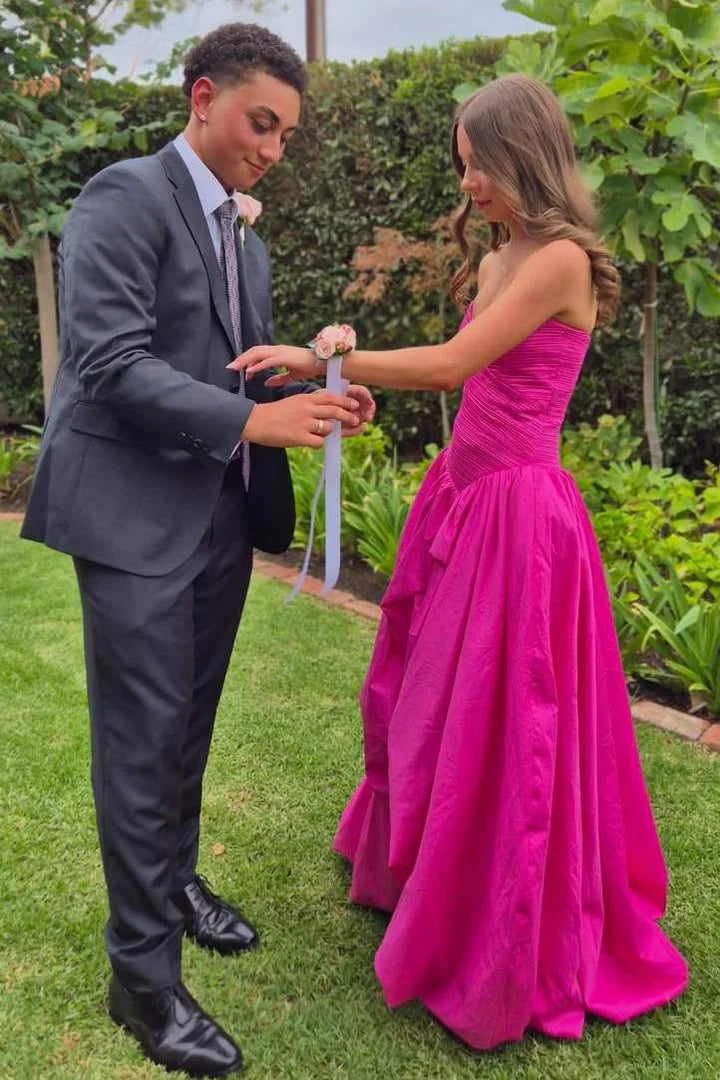 Fashion Satin Strapless Pleated Party Prom Dress With Leg Slit