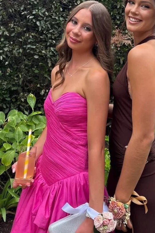 Fashion Satin Strapless Pleated Party Prom Dress With Leg Slit