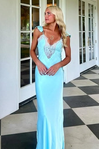 Fashion Satin V-Neck Straps Lace Appliques Maxi Party Prom Dress