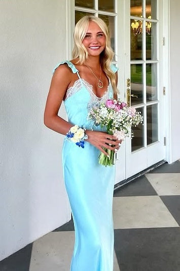 Fashion Satin V-Neck Straps Lace Appliques Maxi Party Prom Dress