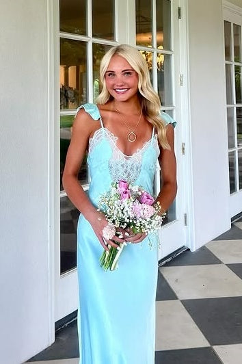Fashion Satin V-Neck Straps Lace Appliques Maxi Party Prom Dress