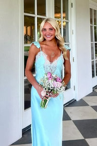 Fashion Satin V-Neck Straps Lace Appliques Maxi Party Prom Dress