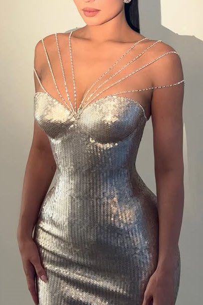Fashion Sleeveless Empire Sweetheart Sequin Party Prom Dress