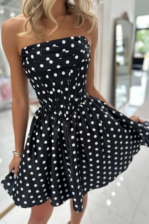 Fashion Strapless A-Line Empire Satin Mini Polka Dots Homecoming Dress