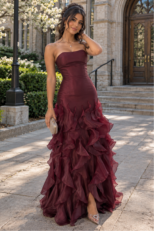 Fashion Strapless Corset A-Line Satin And Tulle Ruffle Party Prom Dress
