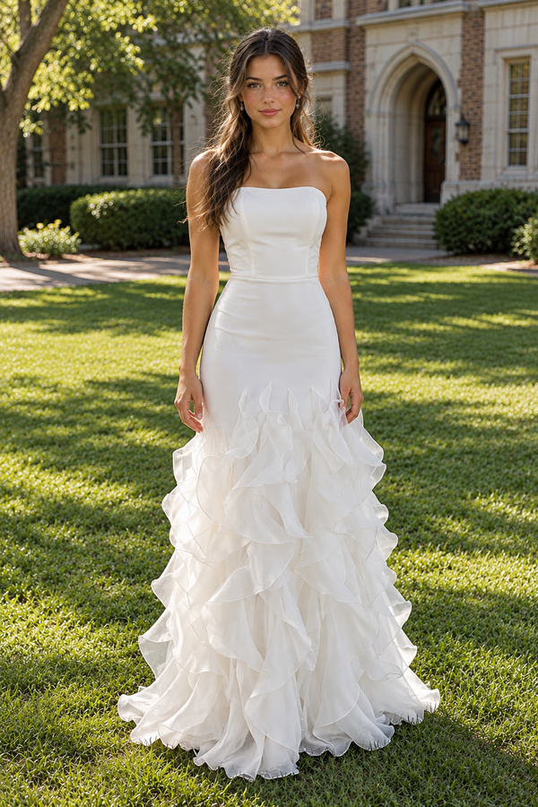 Fashion Strapless Corset A-Line Satin And Tulle Ruffle Party Prom Dress