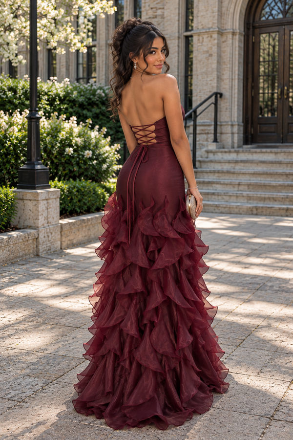 Fashion Strapless Corset A-Line Satin And Tulle Ruffle Party Prom Dress