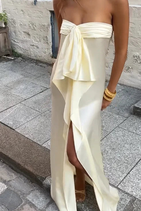 Fashion Strapless Satin Ruffle Split Maxi Party Prom Dress