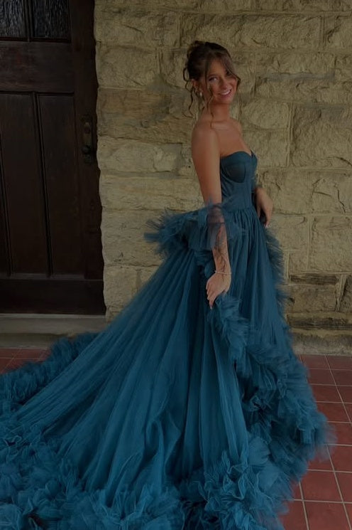 Fashion Sweetheart Strapless Tulle A-Line Ruffle Party Prom Dress