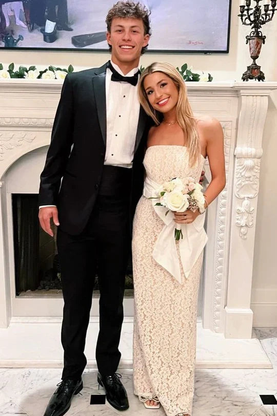 Fitted Fully Lace Strapless Empire Party Prom Dress With Bow