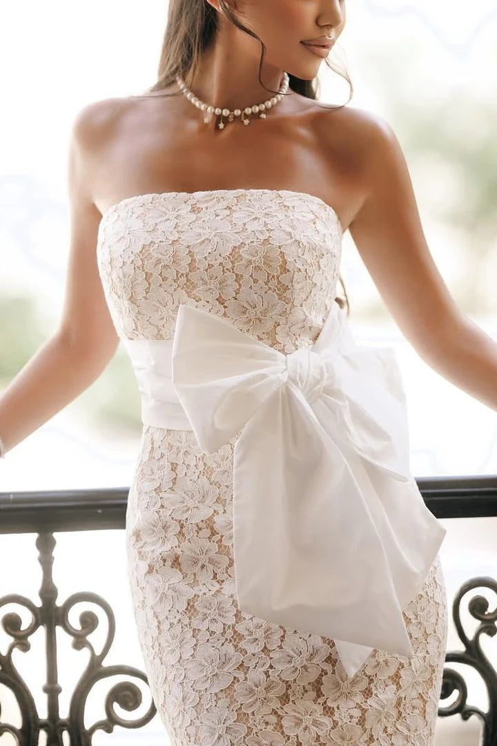 Fitted Fully Lace Strapless Empire Party Prom Dress With Bow