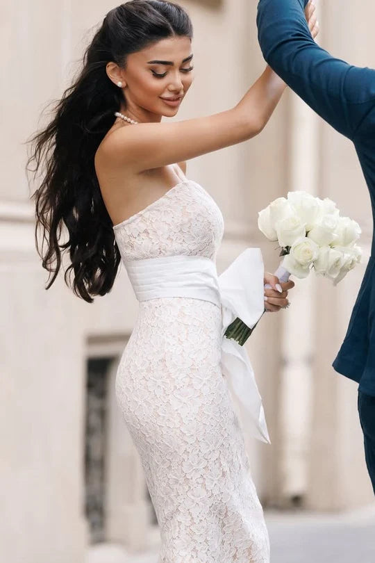 Fitted Fully Lace Strapless Empire Party Prom Dress With Bow