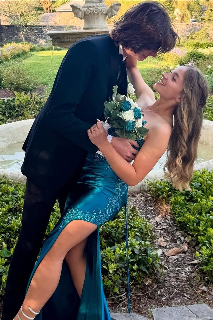 Fitted Satin And Lace Strapless Party Prom Dress With Slit