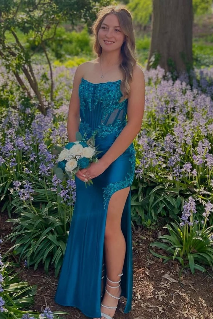 Fitted Satin And Lace Strapless Party Prom Dress With Slit