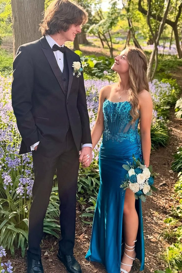 Fitted Satin And Lace Strapless Party Prom Dress With Slit