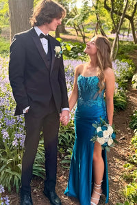 Fitted Satin And Lace Strapless Party Prom Dress With Slit