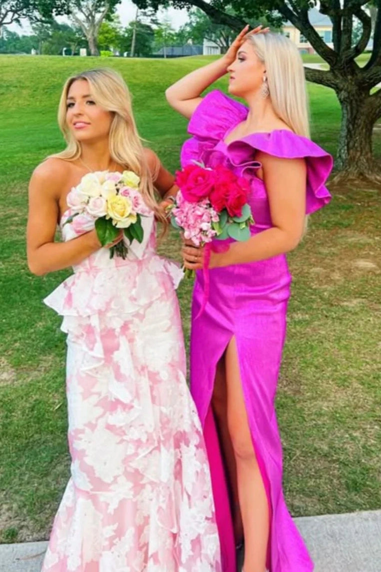 Fitted Satin Ruffle Straps Square Party Prom Dress With Leg Slit