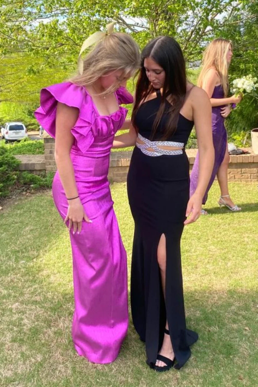 Fitted Satin Ruffle Straps Square Party Prom Dress With Leg Slit