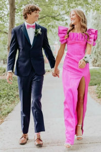 Fitted Satin Ruffle Straps Square Party Prom Dress With Leg Slit
